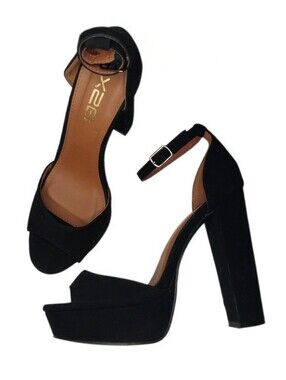 X2B Black Peep Toe Ankle Strap Buckle Block Heel Pump Sz 7.5